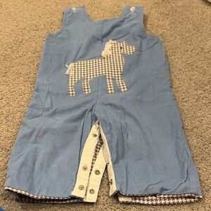 Blue Corduroy Kids Overalls with Houndstooth Pony Appliqué